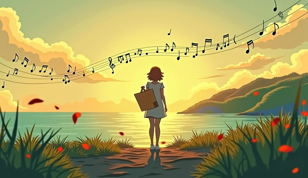 “A single image capturing the whimsical and introspective mood of the song lyrics. The scene begins with a soft sunrise, the golden sun rising in the east over a vast, tranquil ocean. In the foreground, a solitary traveler embarks on a journey, clutching a simple hand-drawn map, symbolizing adventure and spontaneity. The ocean stretches out infinitely, gentle yet resolute, reflecting the warm light of dawn. The traveler, seemingly floating on the melody, is depicted blowing a tune on a whistle, with musical notes visually flowing around them. The overall atmosphere is calm yet filled with a sense of anticipation. The landscape ahead is lush and green, representing the ‘green’ the traveler faces, embodying the beginning of a new story, much like the start of a children’s novel or an acoustic life tale. The image should feel nostalgic, warm, and inviting, with a touch of quiet solitude, embracing the blend of uncertainty and hope that defines the lyrics."One person, High resolution, smile, High resolution, masterpiece, Anatomically correct, Winner of numerous awards, Highest quality, Long Hair, Back view, far and near method,
