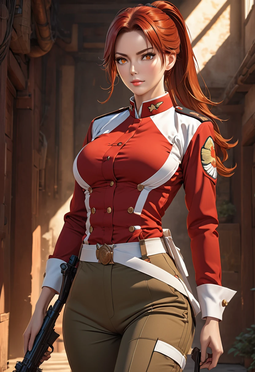 ((best quality)), ((artwork)), ((extremely detailed face)), ((perfect lighting)), ((extremely detailed CG)), ((perfect hands, perfect anatomy)) Appearance= ((amber color eyes)); long red hair, often tied in a ponytail; sharp features, pale, tall, mature physique, supple, busty, slim legs; military uniform, tactical pants