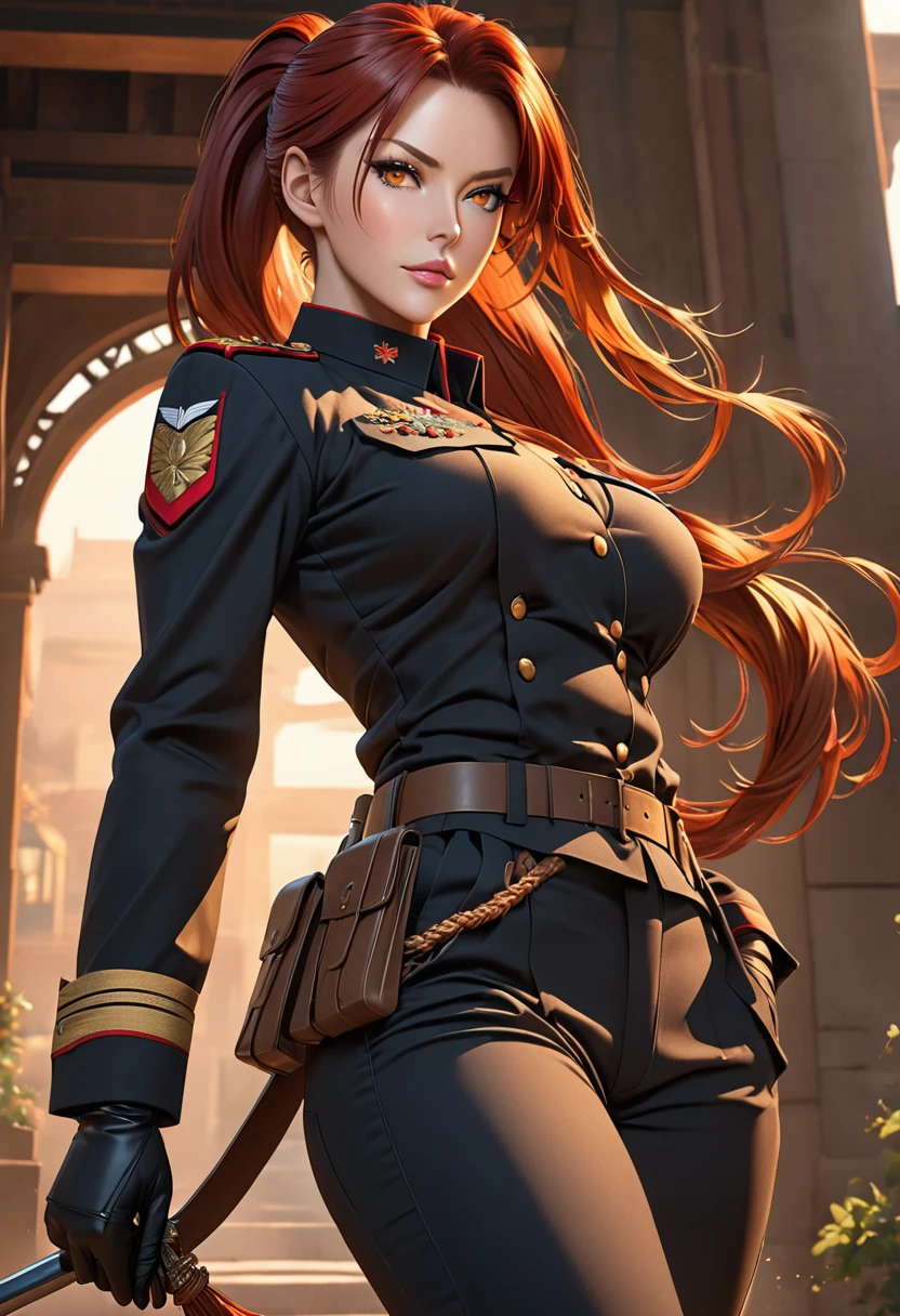 ((best quality)), ((artwork)), ((extremely detailed face)), ((perfect lighting)), ((extremely detailed CG)), ((perfect hands, perfect anatomy)) Appearance= ((amber color eyes)); long red hair, often tied in a ponytail; sharp features, pale, tall, mature physique, supple, busty, slim legs; military uniform, tactical pants
