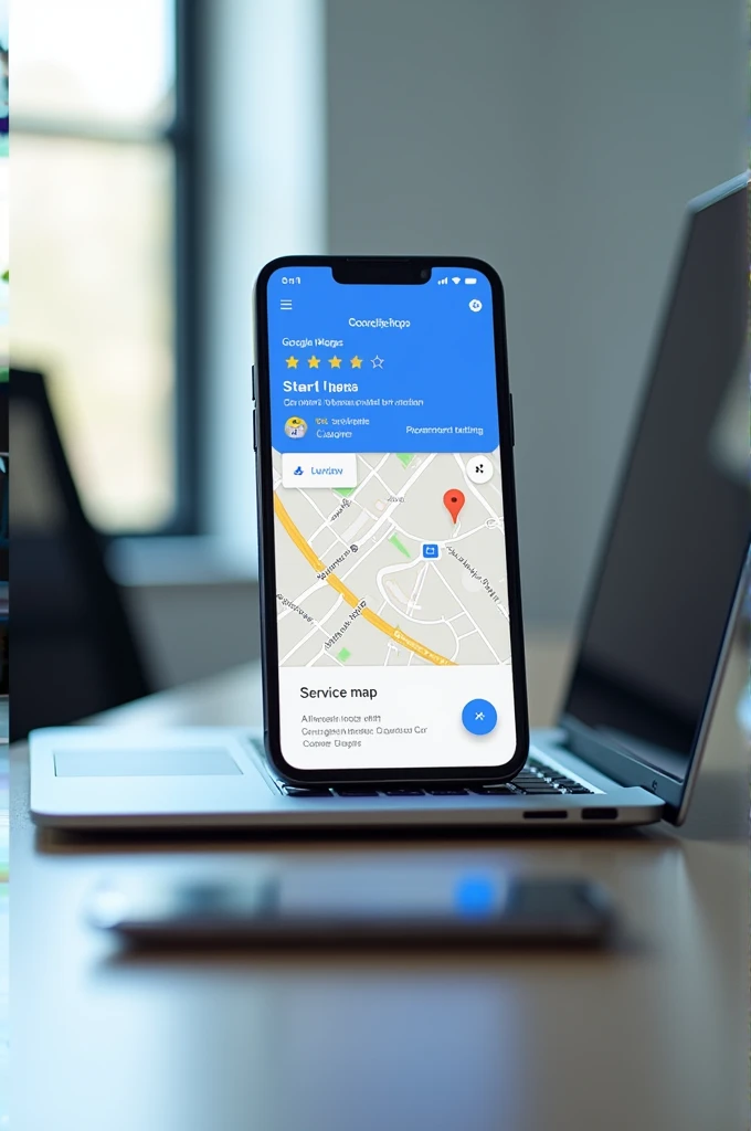Create an AI-generated photo for a Google website display picture, featuring a smartphone screen that displays a Google Maps interface. The screen should prominently show a 5-star service rating with positive reviews, emphasizing the quality and trustworthiness of the service. The image should be clean, professional, and instantly recognizable as related to Google Maps ratings, making it suitable for a website profile picture." Picture should have in laptop