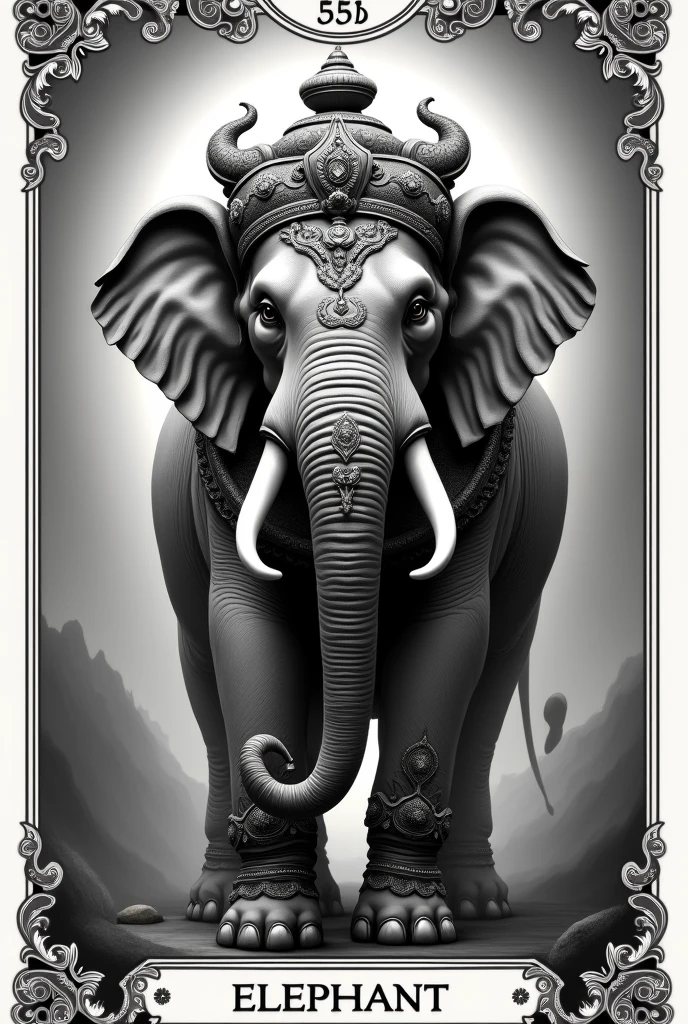 Black and white tarot card image with the main character being an ornate Hindu-style elephant 