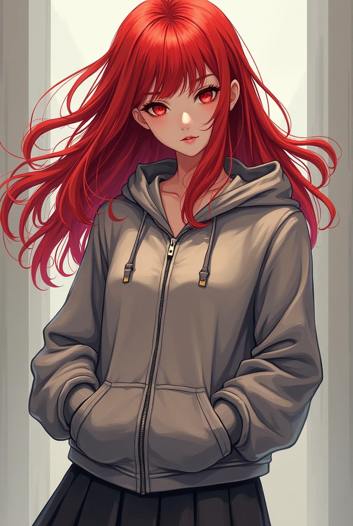 Manwha girl, long red hair, red eyes, wearing zip-up hoodie, and a dark grey skirt