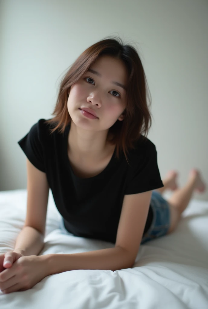 brunette, smile, flat chest, skinny face, white wall, no decoration, jean shorts, black t-shirt, lying on stomach on bed, looking at camera, photo from behind
