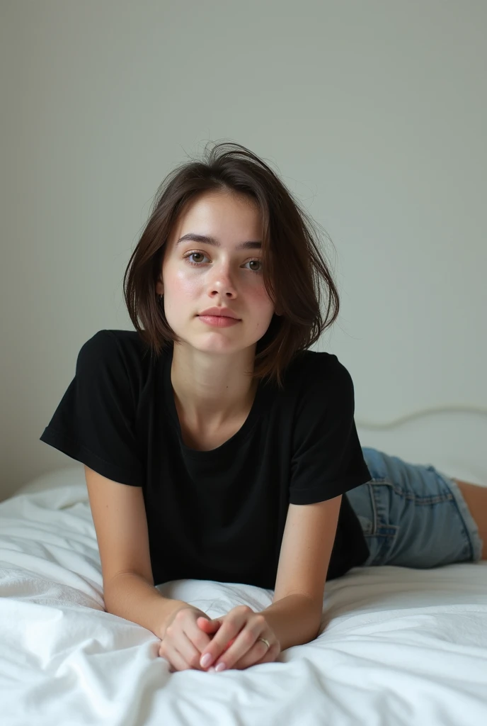 brunette, smile, flat chest, skinny face, white wall, no decoration, jean shorts, black t-shirt, lying on stomach on bed, looking at camera, photo from behind