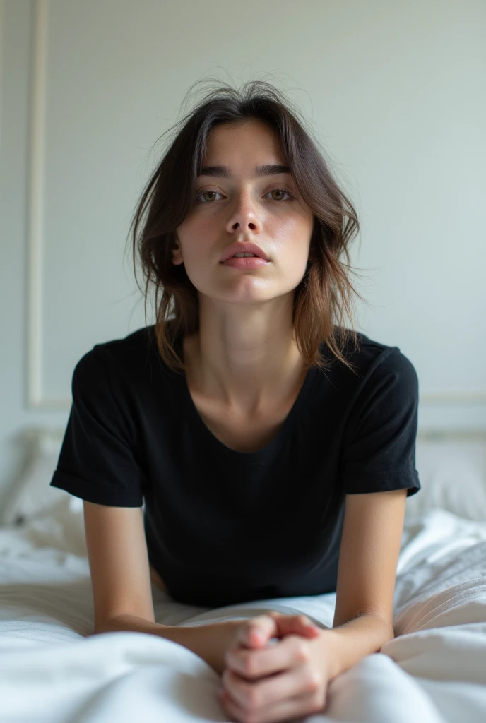 brunette, smile, flat chest, skinny face, white wall, no decoration, jean shorts, black t-shirt, lying on stomach on bed, looking at camera, photo from behind