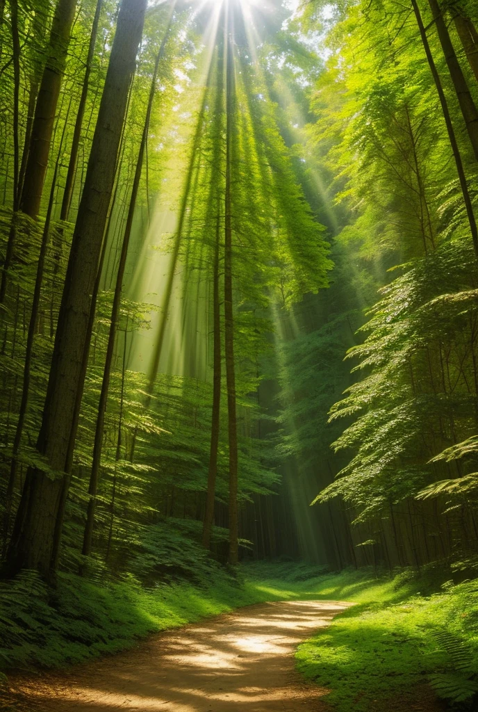 A serene forest bathed in the soft, golden glow of sunlight filtering through the dense canopy of leaves. Beams of light create intricate patterns on the forest floor, where patches of moss and ferns thrive in the cool shade. The tranquil scene is filled with the gentle rustling of leaves in the breeze, and the light dances across the landscape, creating a peaceful and almost magical atmosphere. The deep greens of the foliage contrast beautifully with the warm amber tones of the sunlight, evoking a deep sense of calm and wonder in the viewer.