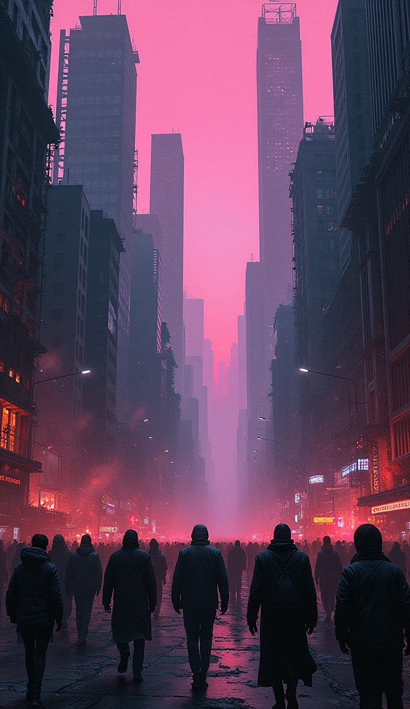 illustration cyberpunk, sci-fi, crowd of people, city destruction, destroyed buildings, extreme high angle, bird angle, very long angle, cyberpunk, title memory lose