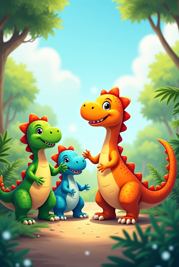 Colorful baby dinosaurs smiling and waving goodbye