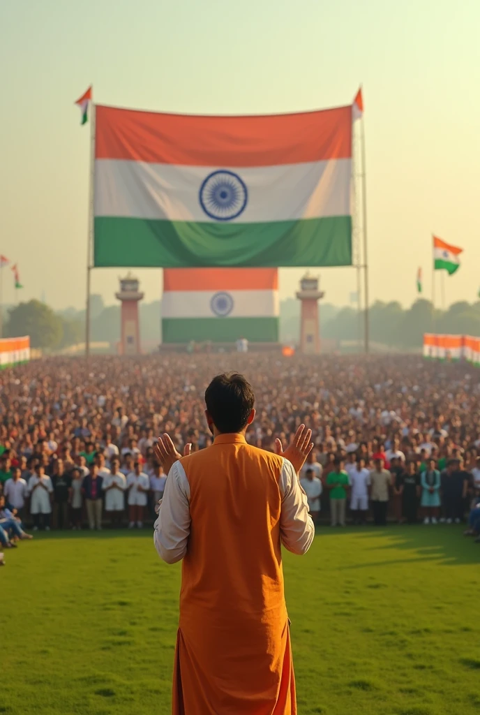 In a big field in India, a leader is giving a speech amidst the crowd with a banner behind him written in big action Yuvakartavyabharat