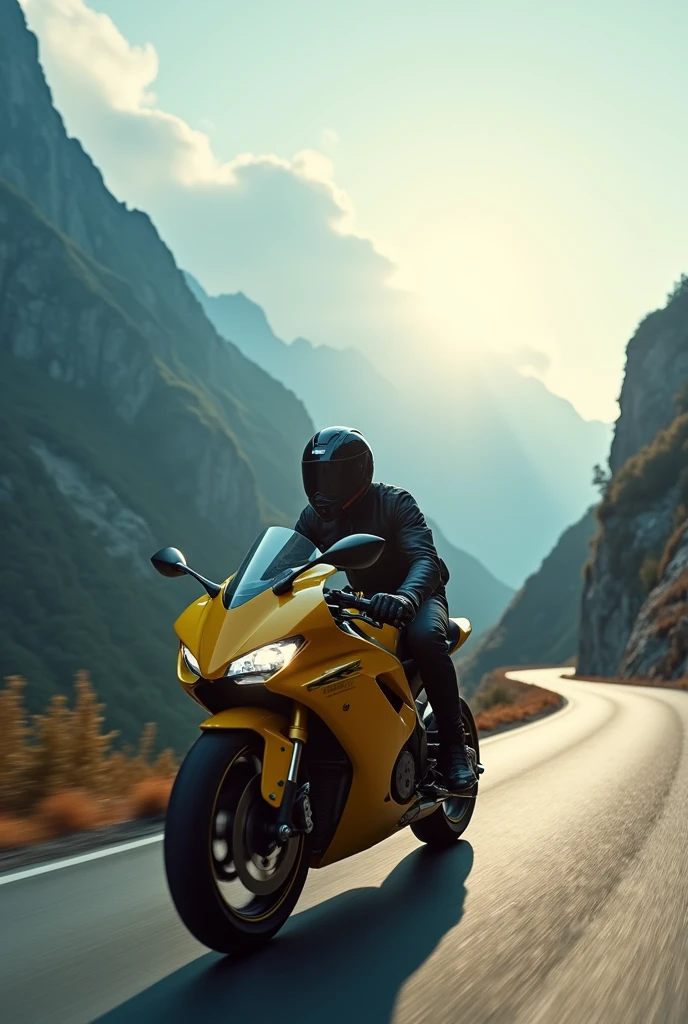 A biker with advanvce safety gear, Kawasaki H2RSX Yellow Bike, crusing on a mountain highway, dawn time, dim sun through clouds silver lining, Winter season , Prime Lense Landscape Shot, Sun glare on lense