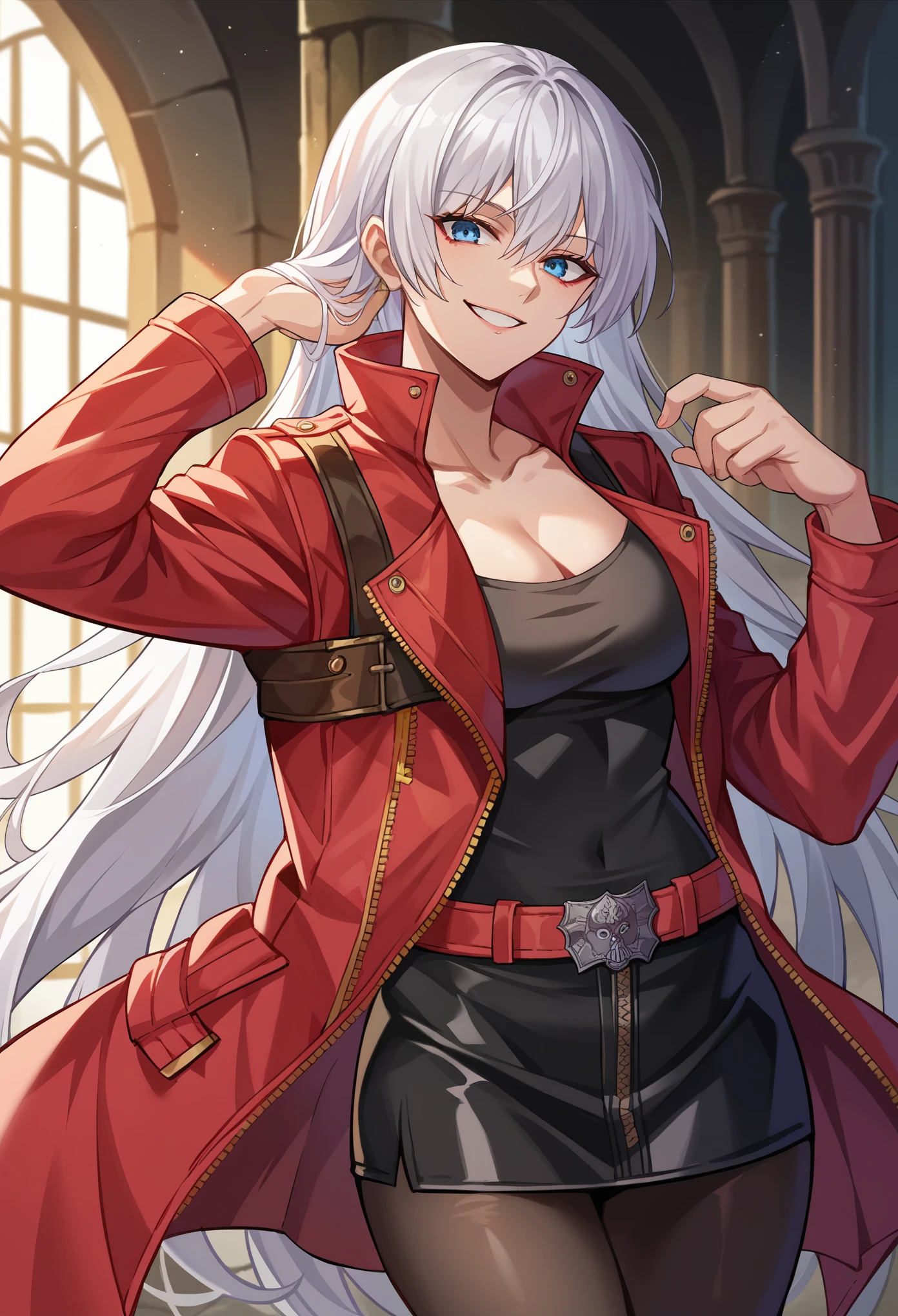 score_9, score_8_up, score_7_up, 1girl, solo, adult,female focus,dmc3dante, white hair, long hair, blue eyes, red jacket, black jacket, black shirt, black skirt, short skirt, black pantyhoses, open clothes, opened shirt, cleavage, standing, belt, smile, looking at you, hell, desolated place,