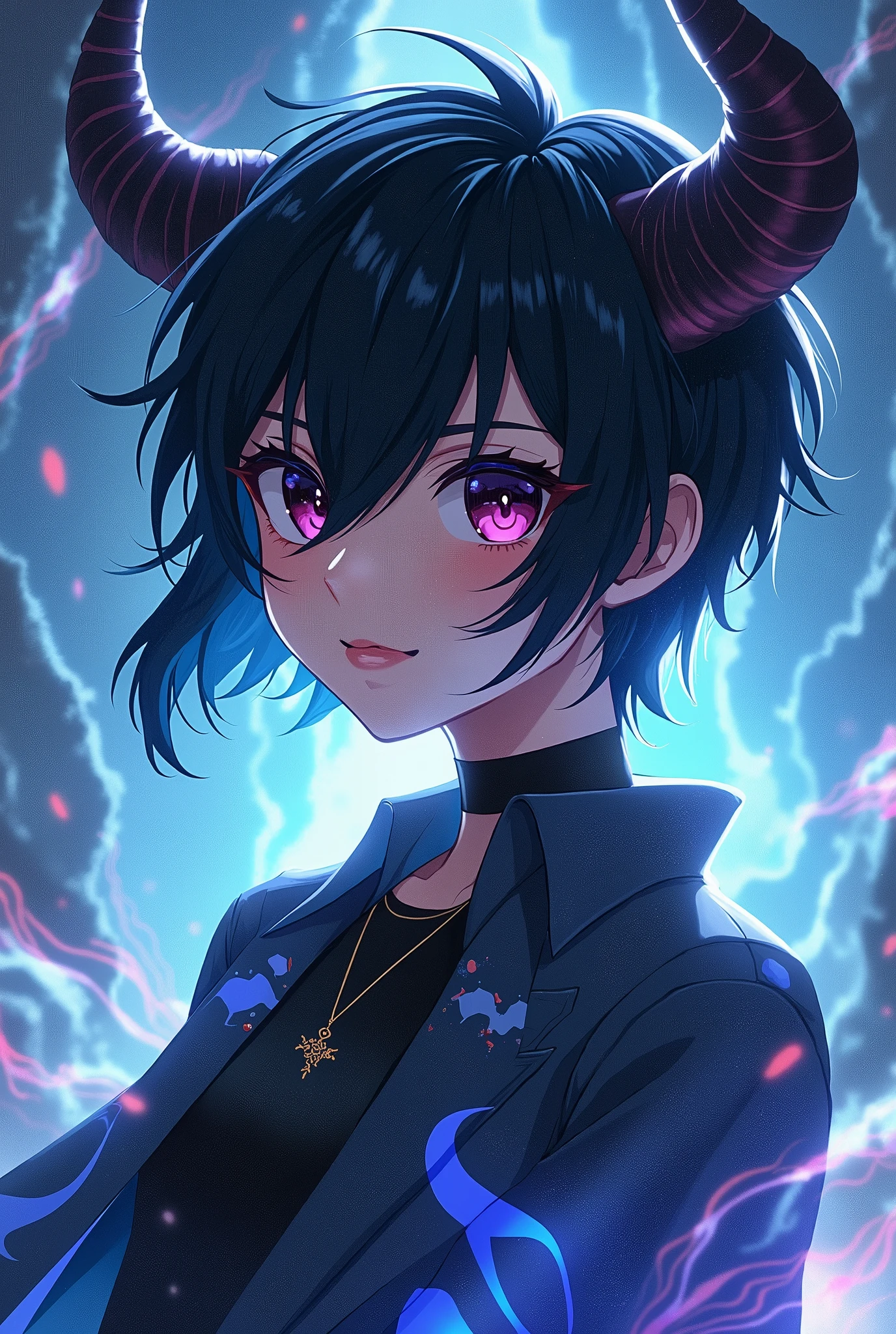 Create an anime character with black hair and horns