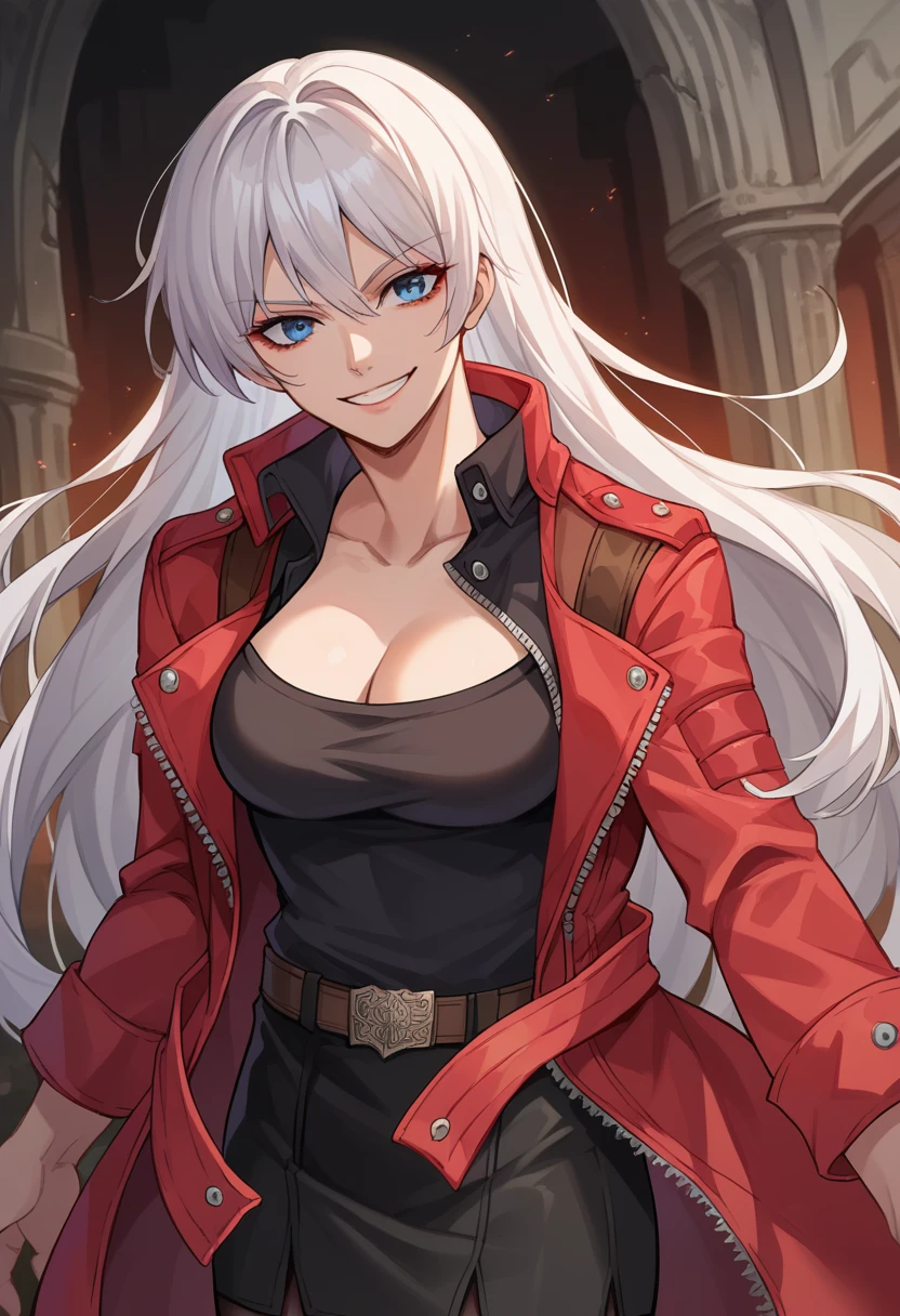 score_9, score_8_up, score_7_up, 1girl, solo, adult,female focus,dmc3dante, white hair, long hair, blue eyes, red jacket, black jacket, black shirt, black skirt, short skirt, black pantyhoses, open clothes, opened shirt, cleavage, standing, belt, smile, looking at you, hell, desolated place,