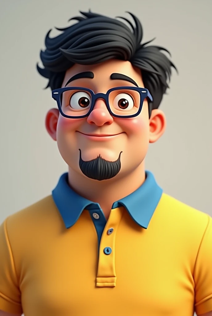 Fat adult (but not so fat) young adult goatee small black curly hair square glasses round face yellow polo shirt with blue collar