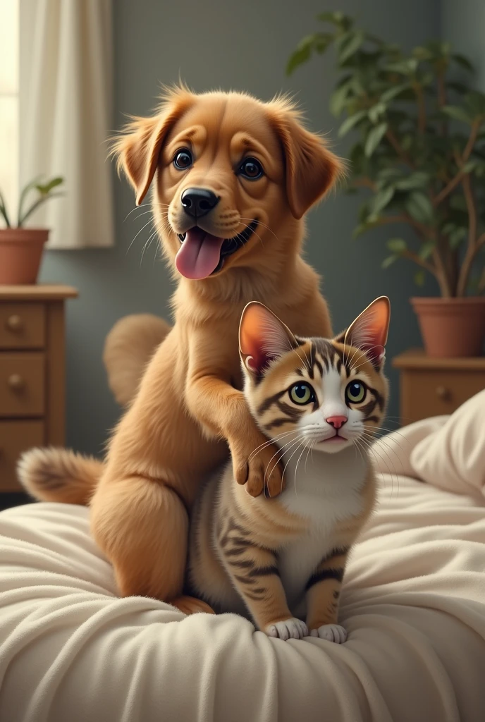 Dog ride on cat