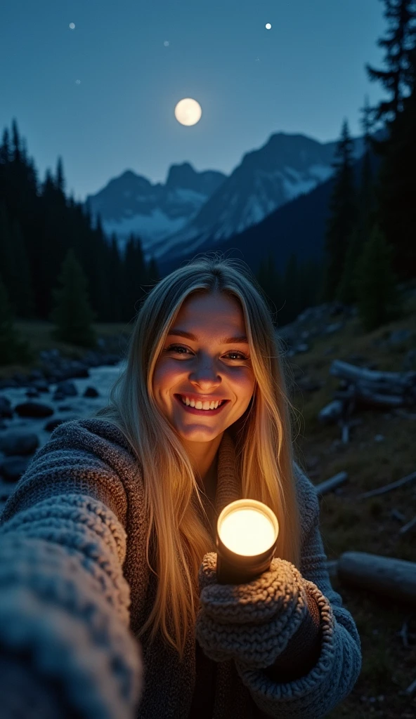 Veronica Cypher ((Upper body selfie, Happy)), masterpiece, Highest quality, Super detailed, alone, Outdoor, (night), Mountain, nature, (star, moon) Hilarious, Happy, Gloves, sweater, Have, flashlight, forest, rock, river, wood, cigarette, Shadow, Contrast, sunny, Analog Style (View the viewer:1.2) (Skin Texture) (Film Grain: 1.3), (Warm colors, Warm tones): 1.2), close, Cinematic Light, Side light, Ultra-high resolution, Best Shadow, born, Wearing a pullover, Kodak Vision 3,
