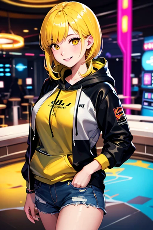 high quality, subsurface scattering, chromatic lighting,
colorized, yellow + black limited color palette,
detailed concept drawing,
in a casino, futuristic, cyberpunk, hoodie
portrait, 20yo 1girl, medium soft breasts, slender, yellow hair, yellow eyes, smiling