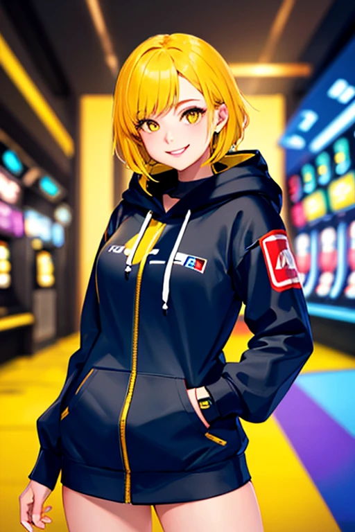 high quality, subsurface scattering, chromatic lighting,
colorized, yellow + black limited color palette, 
detailed concept drawing,
in a casino, futuristic, cyberpunk, hoodie
portrait, 20yo 1girl, medium soft breasts, slender, yellow hair, yellow eyes, smiling