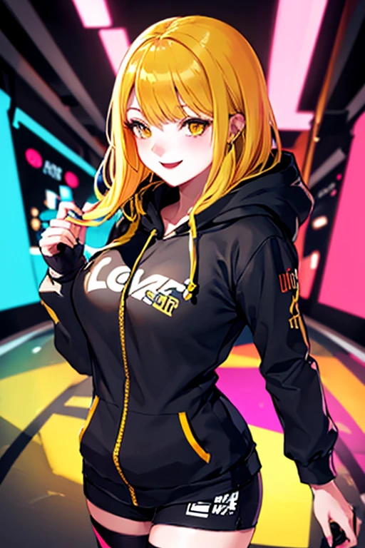 high quality, subsurface scattering, chromatic lighting,
colorized, yellow + black limited color palette, 
detailed concept drawing,
in a casino, futuristic, cyberpunk, hoodie
portrait, 20yo 1girl, medium soft breasts, slender, yellow hair, yellow eyes, smiling