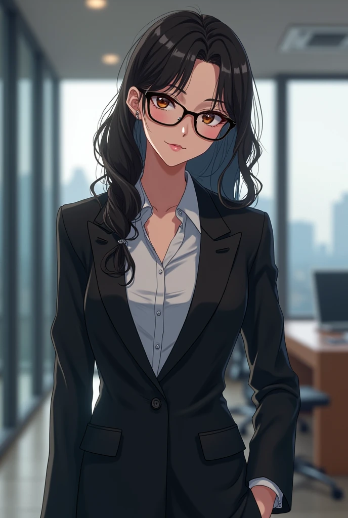 Black suit, glasses, Japanese, 20s, anime-like, older sister look, company background