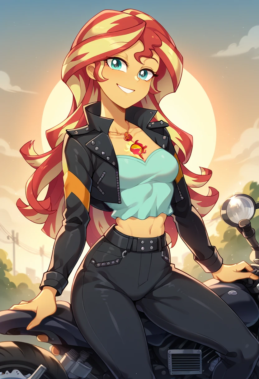 Sunset Shimmer de Equestria Girls con el by the width, looking at the viewer with half of the face, Sunset, Oceanfront, by the width, pretty eyes, beautiful face, small breasts, on top of a black motorcycle, black leather motorcycle, beautiful smile