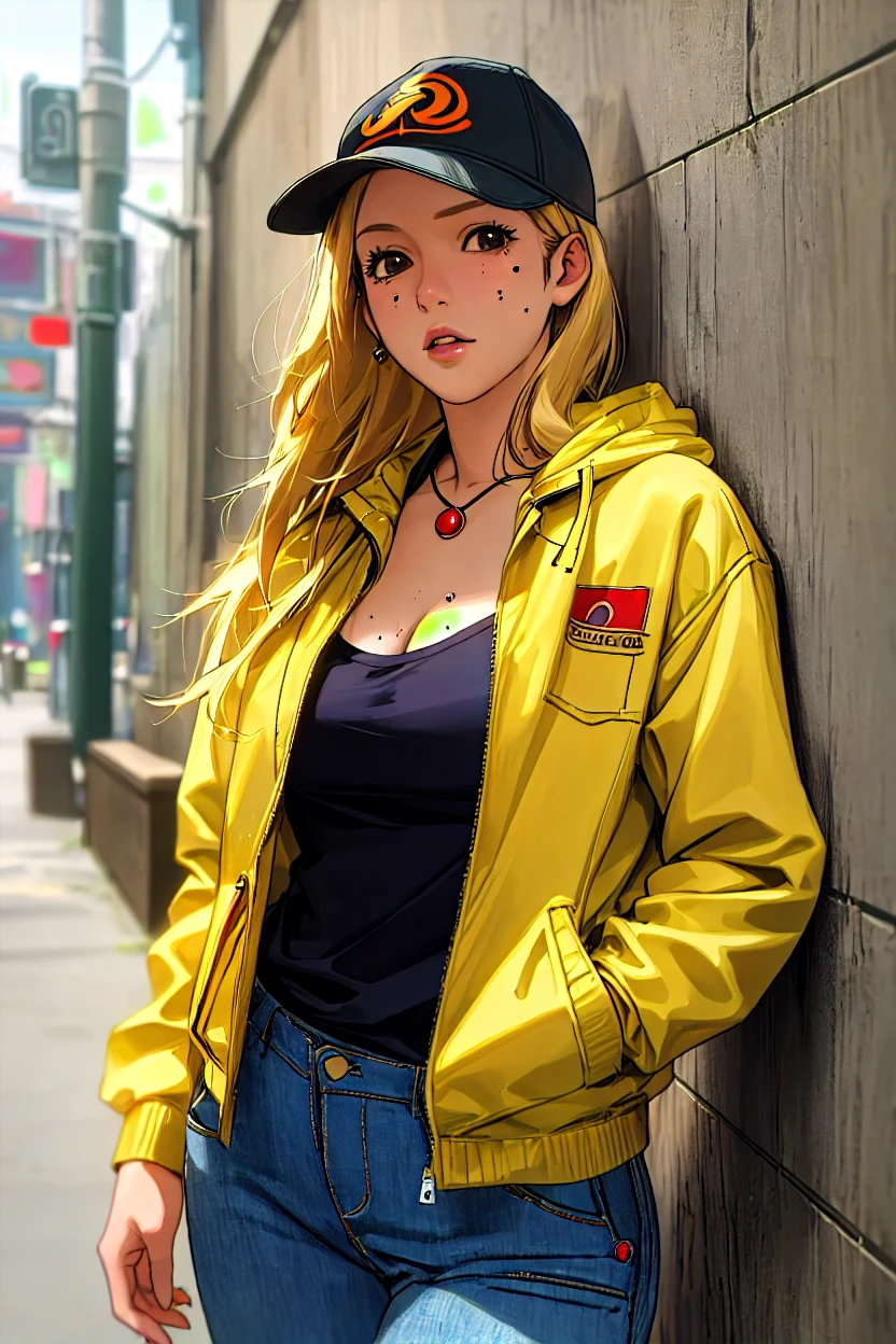 obra de arte, detalhado, Lindo, 1 garota, mulher madura, Milf, Pele escura, dark skinned female, cabelo loiro, olhos dourados, yellow chuva coat, chuva, guarda-chuva