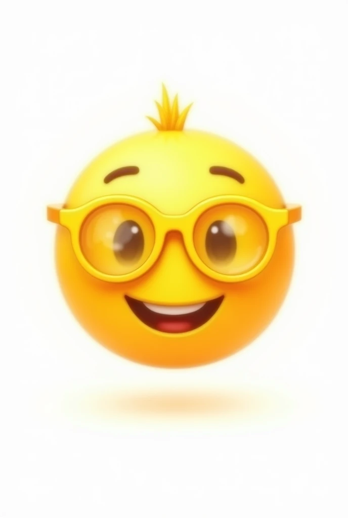 a yellow emoji (Without the body, just the head) with a smile on the corner, wearing yellow glasses and completely white background