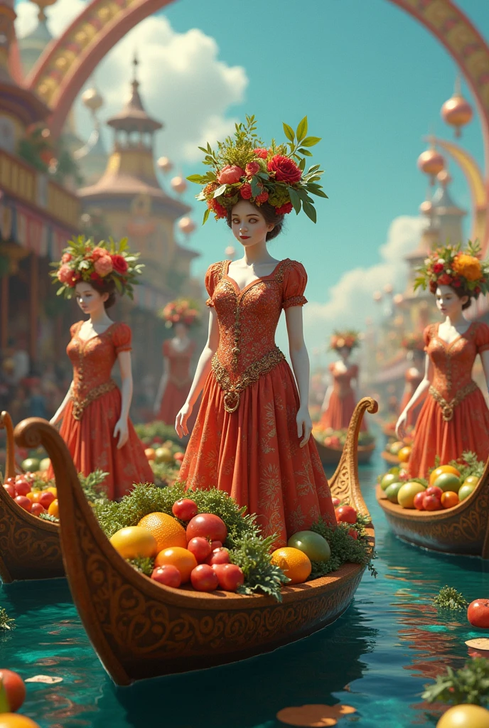 make a picture of a carnival of mothers wearing attributes in the form of boats filled with various fruits and vegetables