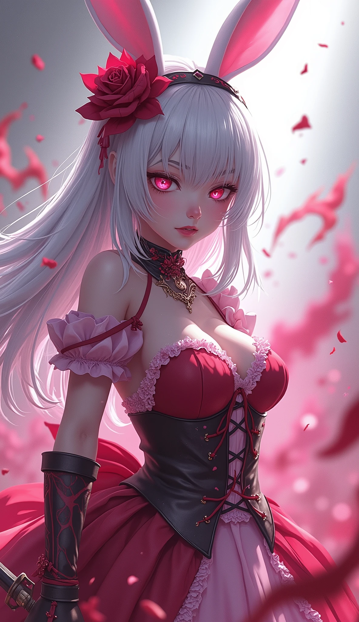 anime girl, white hair, white bunny ears, pink eyes, and pink fighting with a pink sword and angry all covered in blood maid outfit with huge busts, high quality, (RAW photo, best quality), (realistic, photorealistic: 1.4), (extremely delicate and beautiful: 1.4), amazing, fine details, masterpiece, ultra detailed, high resolution, best illustration, best shadow, intricate, ( extremely intricate: 1.2), (exquisitely detailed skin), cinematic light, perfect anatomy, (cool color: 1.4), sharp focus, 8k UHD, DSLR, (Fujifilm XT3),Epic Fantasy Art Style HD, 4K fantasy art, epic fantasy digital art style, epic fantasy art style, Fantasy Woman, epic fantasy art portrait, Epic fantasy style, hyperrealistic fantasy art, hd fantasy art, Epic fantasy character art, epic fantasy art, in style of dark fantasy art, epic fantasy digital art
  