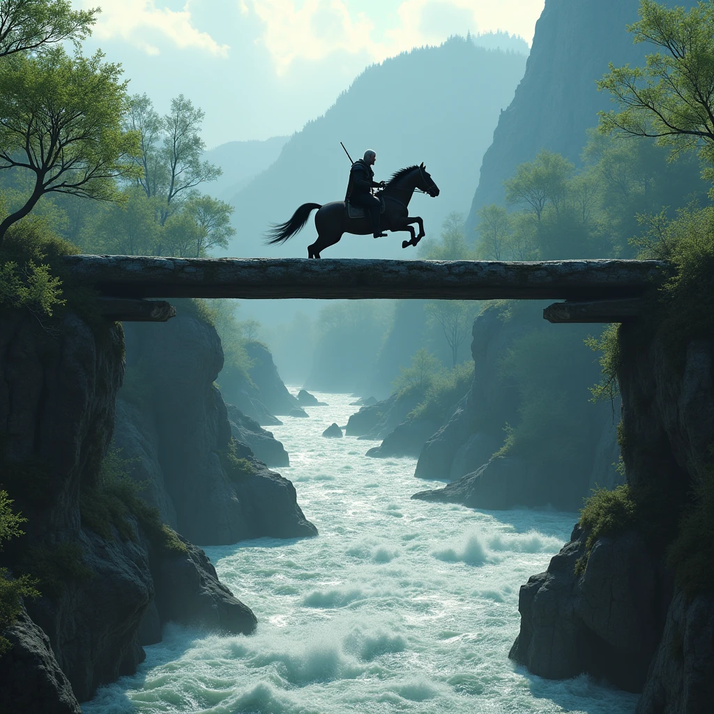 Horizontal bridge, Geralt jumps from it into the river while sitting on a horse