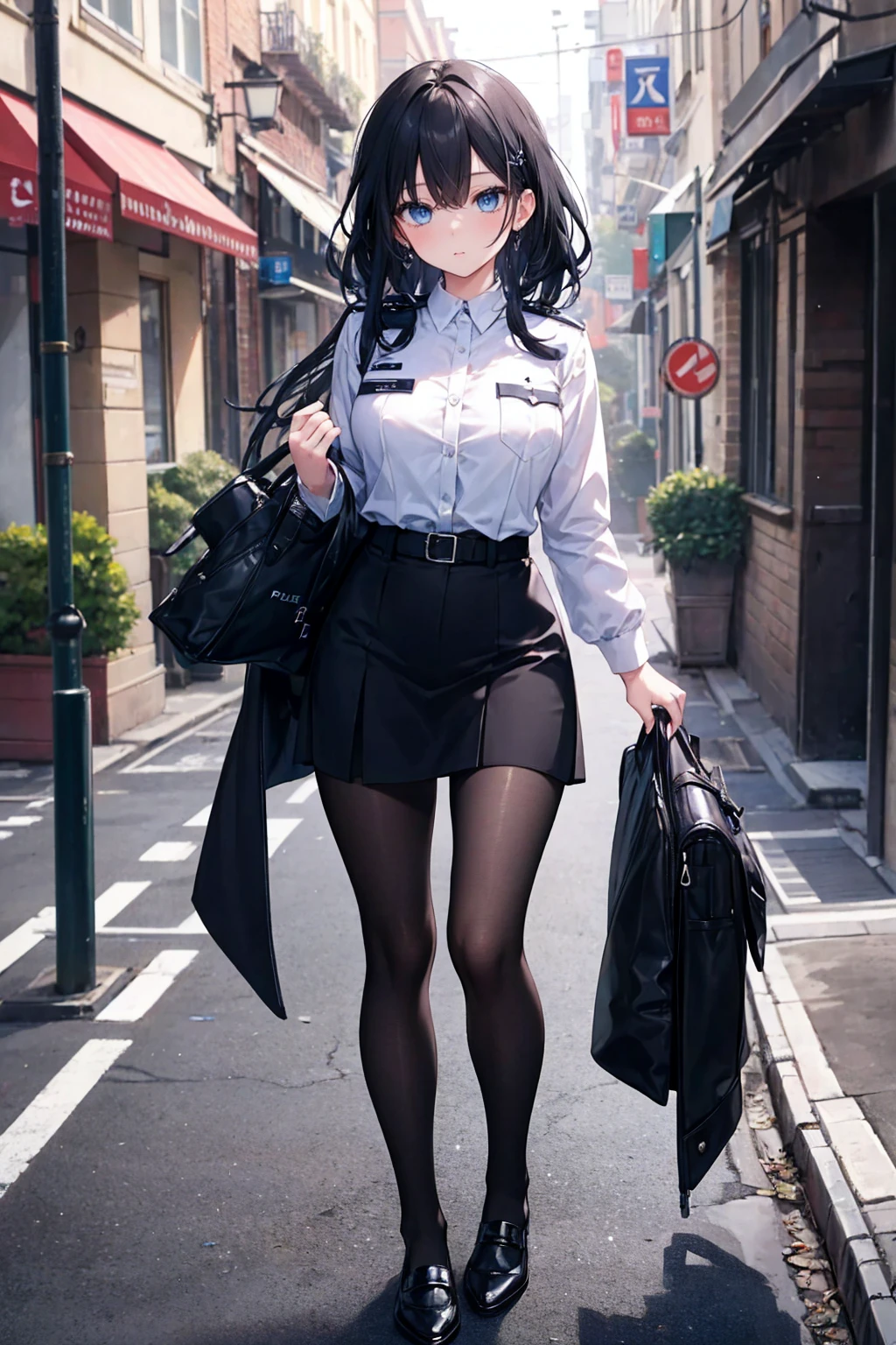 Ridiculous Resolutions, High resolution, (masterpiece:1.4), Very detailed, 1 person,blue eyes, Long black hair，Please wear a police uniform and a short skirt, White handbag、pantyhose、street,Sexy pose, The camera is close to the body