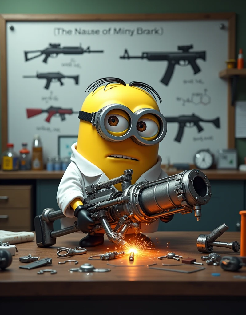 Minion Kevin in scientist suit .working hard at a lab table full of scientific instruments and accessories. The whiteboard behind has weapon design sketches and chemical formulas. . Kevin is highly focused., đôi tay di chuyển nhanh chóng, weld and assemble components to build a large weapon, complicated.