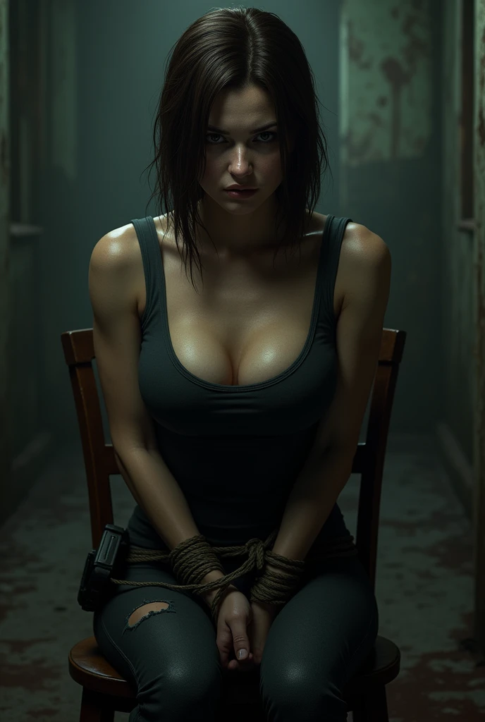 Resident evil 3 jill valentine with big boobs tied to rope on chair with hands behind tied to rope