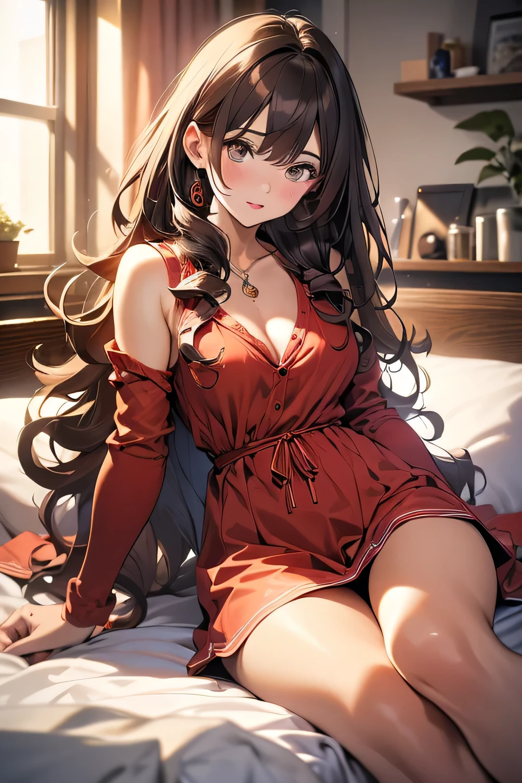 (masterpiece, Best quality, ultra detailed, a high resolution, 4K),(beautiful detailed eyes),(very detailed face),(1 girl),HDR,Long voluminous curly brown hair, Red clothes, lying in bed