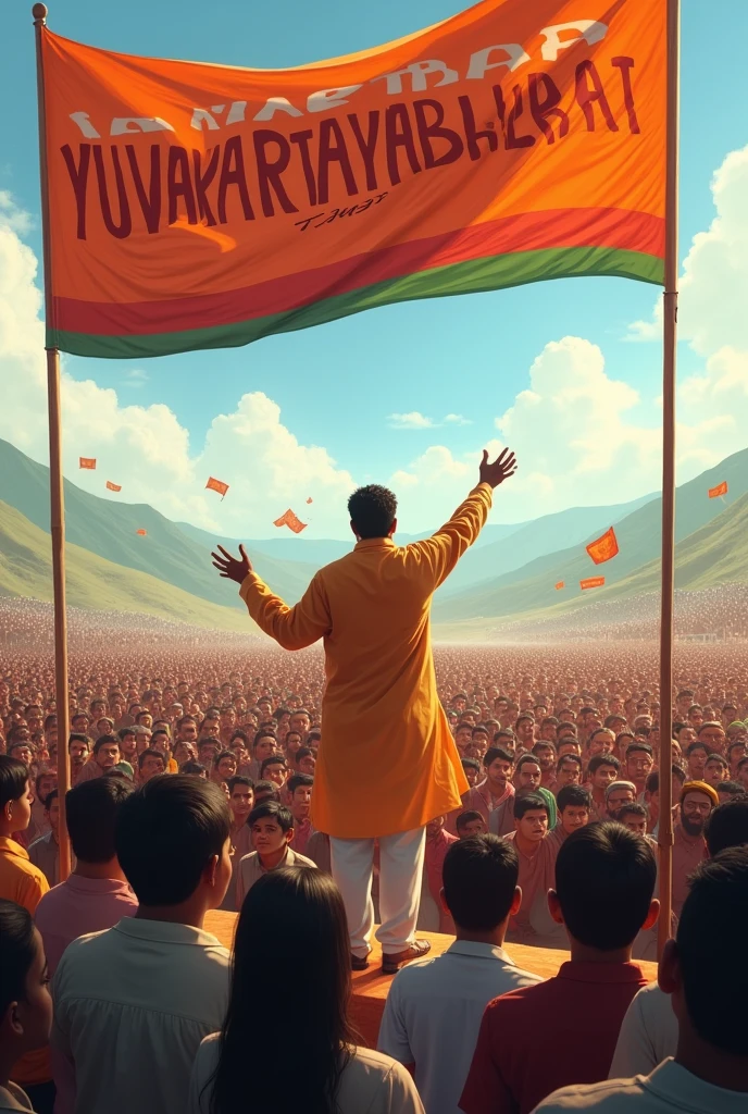 In a big field in India, a leader is giving a speech amidst the crowd with a banner behind him written in big word Yuvakartavyabharat