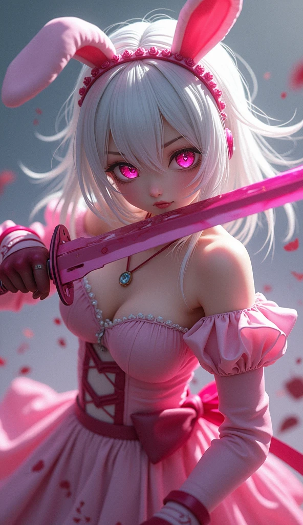 anime girl, white hair, white bunny ears, pink eyes, and pink fighting with a pink sword and angry all covered in blood maid outfit with huge busts, high quality, (RAW photo, best quality), (realistic, photorealistic: 1.4), (extremely delicate and beautiful: 1.4), amazing, fine details, masterpiece, ultra detailed, high resolution, best illustration, best shadow, intricate, ( extremely intricate: 1.2), (exquisitely detailed skin), cinematic light, perfect anatomy, (cool color: 1.4), sharp focus, 8k UHD, DSLR, (Fujifilm XT3),Epic Fantasy Art Style HD, 4K fantasy art, epic fantasy digital art style, epic fantasy art style, Fantasy Woman, epic fantasy art portrait, Epic fantasy style, hyperrealistic fantasy art, hd fantasy art, Epic fantasy character art, epic fantasy art, in style of dark fantasy art, epic fantasy digital art