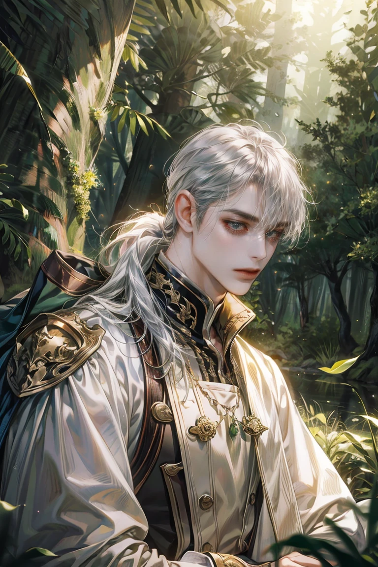 (absurd, mackerel, very detailed)masterpiece, best quality, 1 male, adult, amazing, tall muscular man, broad shoulders, eye for detail, low ponytail silver hair, purple eyes, white gown, forest, Trees full of green, fluttering leaves, pond, Light and shadow of nature, There are sparkling particles flying around the man, fantastic, fairytale, occult, Shining Sparkle, (dutch angle), closed mouth, Dynamic light and shadow, Age 40