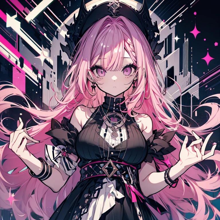 1 person、Mature、Ample breasts、Long Hair、Pink Hair、Braids on both sides of the face、、Vertical roll hair、Curly Hair、Black Eyes、Round eyes、Long lower eyelashes、Trimmed bangs、Gothic Fashion、Black Dress、Tube top、bat tattoo on shoulder、Punk fashion、Miniskirt、赤いMiniskirt、Black and white striped knee-high、Black crown、High resolution、Highest