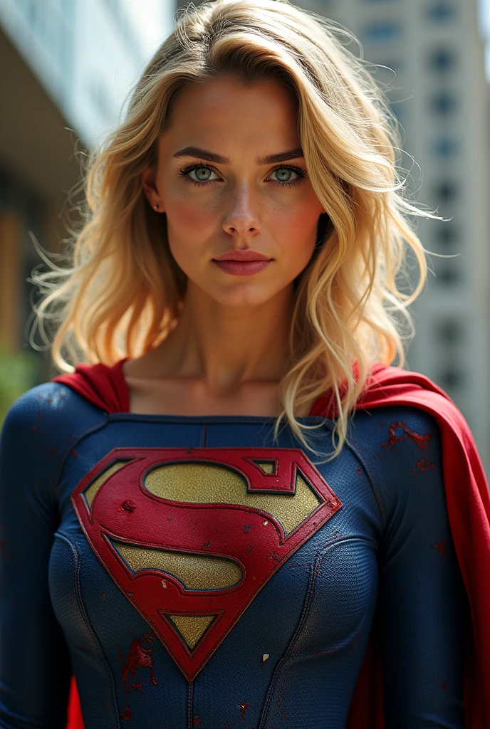 One Girl、Melissa Benoist - SMF、Blonde、Superhero、Long Hair、Beautiful Lips、Exterior Armor、Bodysuits、Red Skirt、Knee-high boots、Red footwear、high quality、High resolution、masterpiece、Sharp focus、Like the picture、RAW Photos、Cinematic lighting、Detailed skin texture、Detailed fabric texture、Beautifully detailed face、Intricate details、Ultra-detailed、Perfect physique、expensive、Focus from the chest up、Wearing a Supergirl costume、乱れたBlonde、Dynamic Action、Look at the viewers、the background is a expensive building、You are under attack by an enemy、Costume is torn、I'm injured、Bleeding from the wound