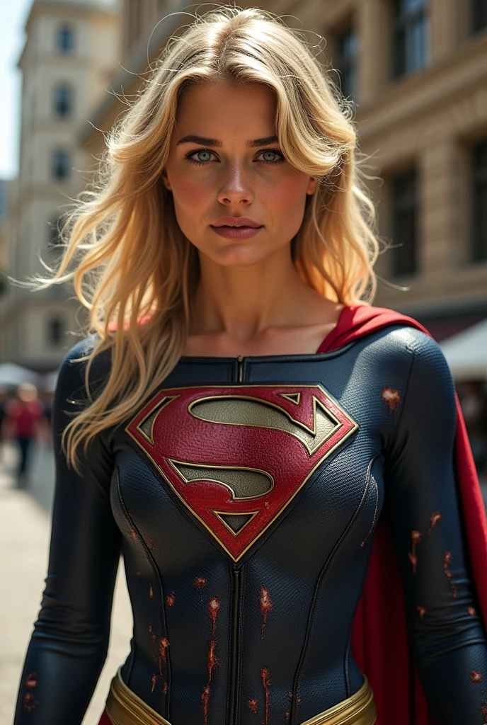 One Girl、Melissa Benoist - SMF、Blonde、Superhero、Long Hair、Beautiful Lips、Exterior Armor、Bodysuits、Red Skirt、Knee-high boots、Red footwear、high quality、High resolution、masterpiece、Sharp focus、Like the picture、RAW Photos、Cinematic lighting、Detailed skin texture、Detailed fabric texture、Beautifully detailed face、Intricate details、Ultra-detailed、Perfect physique、expensive、Focus from the chest up、Wearing a Supergirl costume、乱れたBlonde、Dynamic Action、Look at the viewers、the background is a expensive building、You are under attack by an enemy、Costume is torn、I'm injured、Bleeding from the wound