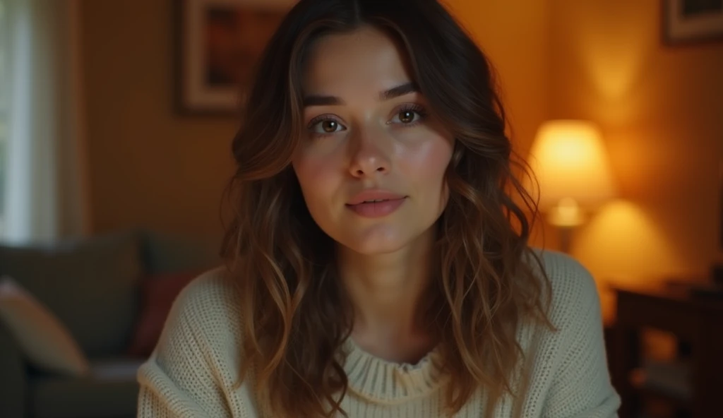 A highly realistic, high-contrast, 8K HD, detailed, hyper-detailed image of a young woman from the previous image, shown from the waist up, speaking directly to the camera. The scene is set in the same cozy, American-style room with warm, orange lighting. The woman's face is clearly visible, with a neutral expression as she engages in conversation. Her wavy brown hair and light sweater are distinct and consistent with the previous image. The background remains simple, with soft shadows to keep the focus on the woman as she speaks, creating an intimate and direct connection with the viewer.
