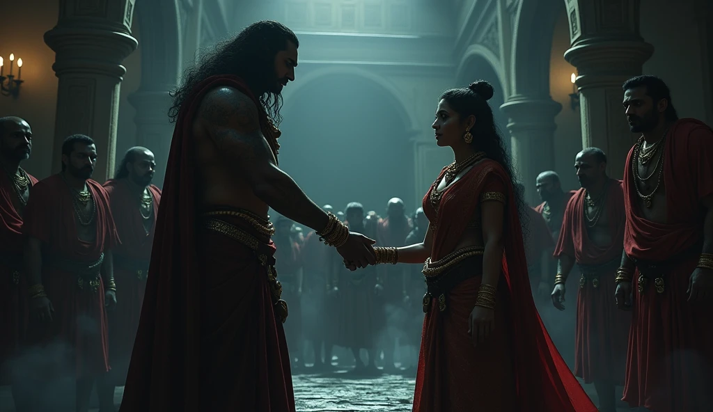 "A dark, ominous palace room where the evil king Kansa stands in anger, surrounded by guards. His sister Devaki and her husband Vasudev are seen in chains, imprisoned in a dimly lit cell. Devaki looks sorrowful yet calm, while Vasudev holds her hand in comfort. The atmosphere is tense, with the prophecy of the eighth echoing in the air, and Kansa's fear and fury are visible on his face."