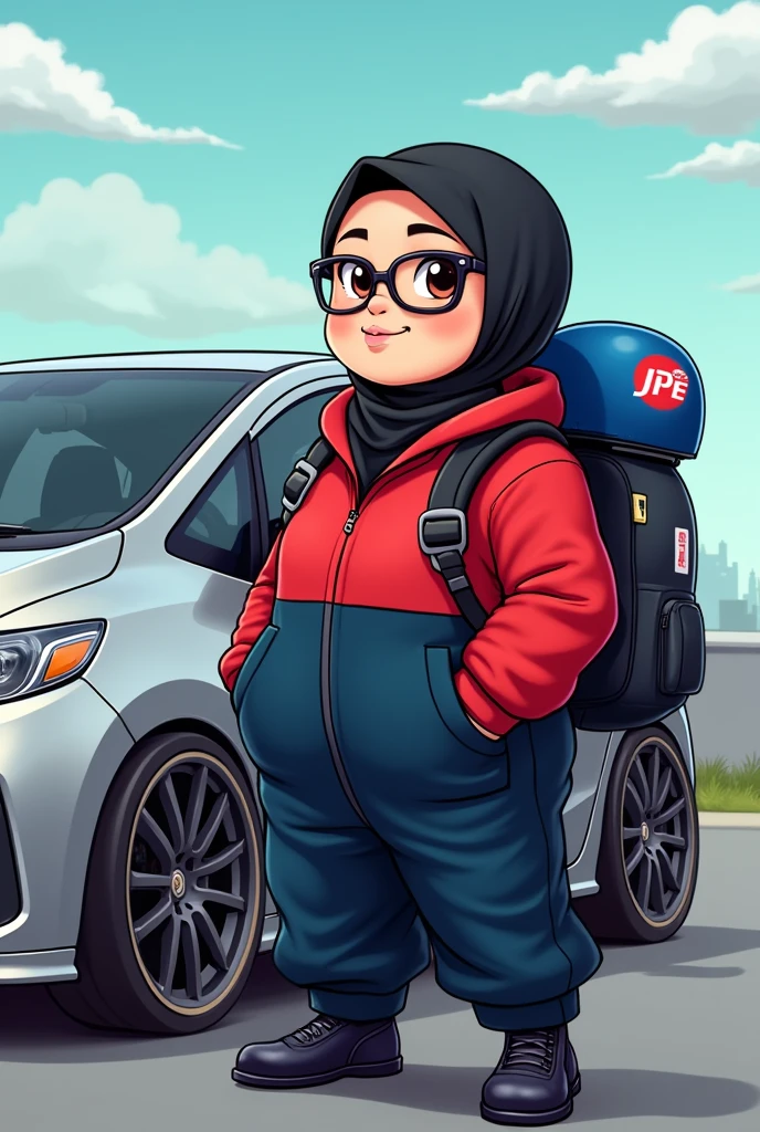 fat chubby large girl with glasses wearing black hijab. wearing red and dark blue oil and gas coverall. black backpack, wearing blue helmet with JPE logo font in red. modified silver honda jazz gk5 RS 2018 beside. cartoon.
