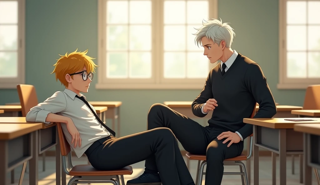 real A quiet classroom in the morning, with soft natural light streaming through the windows. Jab, a skinny boy with a distinct appearance, is lying down on his desk, appearing tired or sleepy. He has short, yellow hair that contrasts with his black-framed glasses. He’s dressed in a crisp white long-sleeved shirt, neatly tucked into black pants, with a black tie and polished black leather shoes, completing his sharp and clean look. His head is resting on his arms. Next to him, Jam, a young man with a well-defined physique and striking white hair, is sitting upright in his chair, attentively watching Jab with a concerned or curious expression. Jam is dressed in a black sweater without a zipper, layered over a white long-sleeved shirt. His attire is completed with a black tie, black pants, and polished black genuine leather shoes. The clean lines and sharp details of his outfit contrast elegantly with his white hair. The classroom is empty, with no other students or teachers present. The desks and chairs are arranged neatly, and the scene has a peaceful, almost serene atmosphere, with soft lighting highlighting the details of both Jab’s and Jam’s unique features and attire.(hyper realistic)