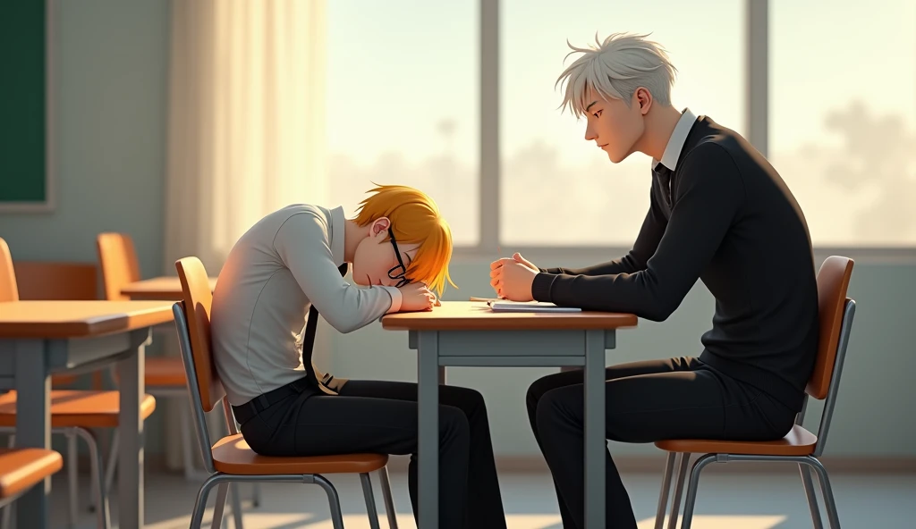 real A quiet classroom in the morning, with soft natural light streaming through the windows. Jab, a skinny boy with a distinct appearance, is lying down on his desk, appearing tired or sleepy. He has short, yellow hair that contrasts with his black-framed glasses. He’s dressed in a crisp white long-sleeved shirt, neatly tucked into black pants, with a black tie and polished black leather shoes, completing his sharp and clean look. His head is resting on his arms. Next to him, Jam, a young man with a well-defined physique and striking white hair, is sitting upright in his chair, attentively watching Jab with a concerned or curious expression. Jam is dressed in a black sweater without a zipper, layered over a white long-sleeved shirt. His attire is completed with a black tie, black pants, and polished black genuine leather shoes. The clean lines and sharp details of his outfit contrast elegantly with his white hair. The classroom is empty, with no other students or teachers present. The desks and chairs are arranged neatly, and the scene has a peaceful, almost serene atmosphere, with soft lighting highlighting the details of both Jab’s and Jam’s unique features and attire.(hyper realistic)