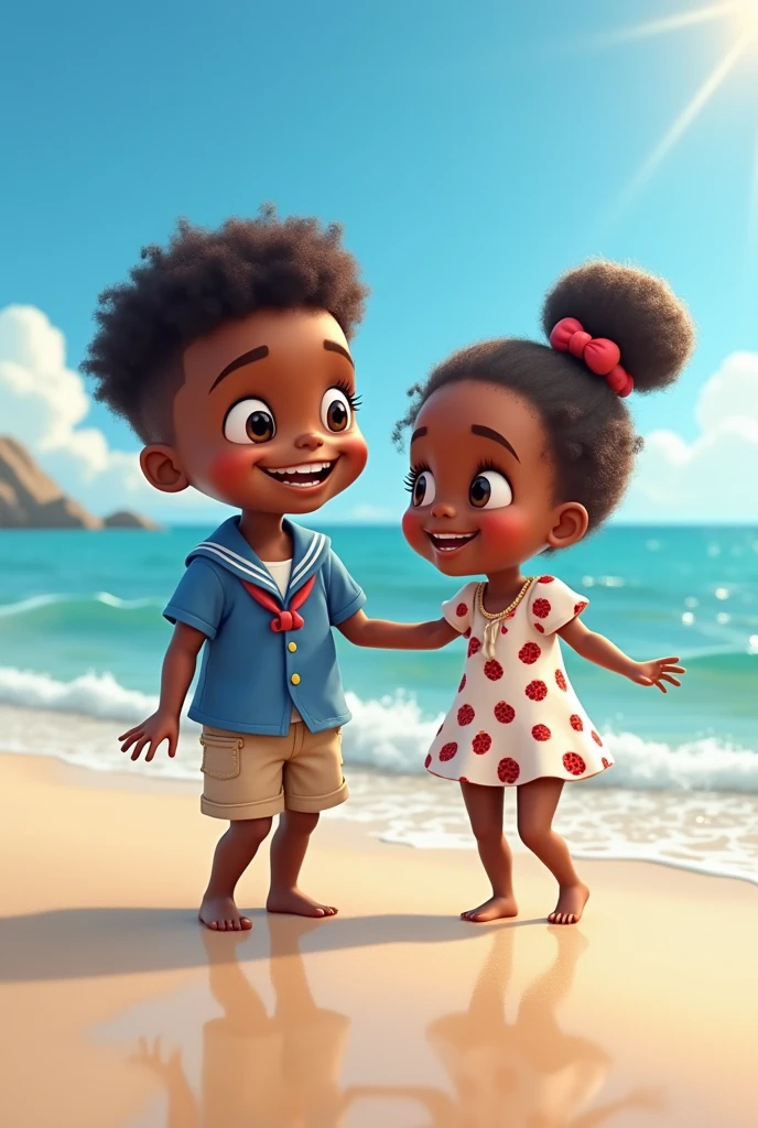 Black child in blue sailor shirt and black child in ladybug dress on the beach