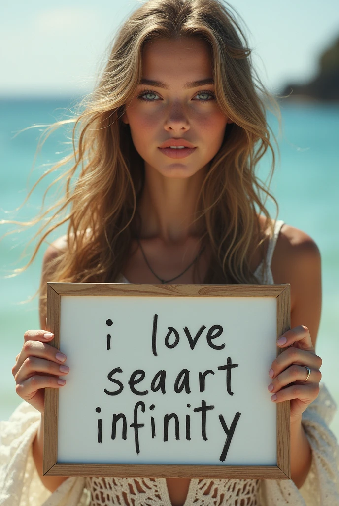 Beautiful girl with wavy long hair, bohemian dress, holding a white board with text "I Love Seaart Infinity" and showing it to the viewer