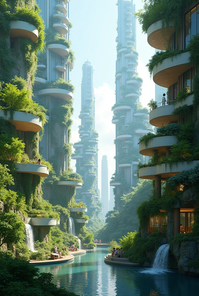City in 2200 with lots of nature high architecture climate neutral waterfalls on house walls balconies with plants 