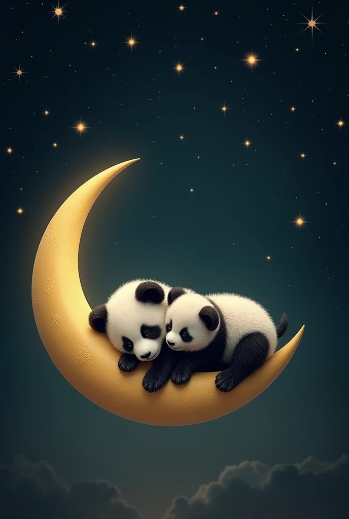 create mobile wallpaper with 2 cute pandas, puppies, sleeping on a crescent moon, white, in a night sky, very dark, Caravaggio style and good.realistic styling, real looking pandas, without looking like a cartoon.
