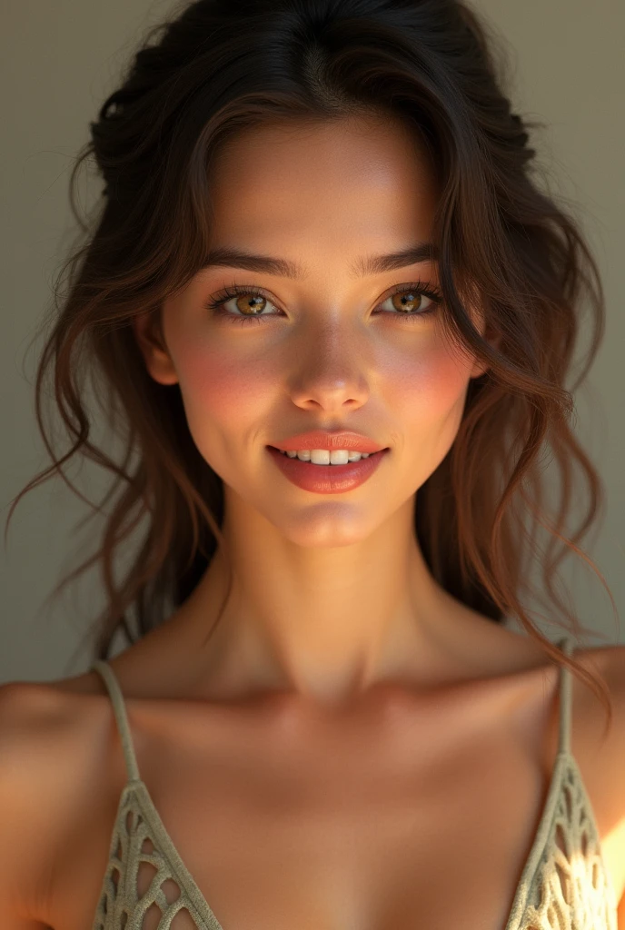 looking up, Upper Body, Realistic, real person, (pale skin: 1.2), RAW photo, photorealistic, shiny skin, shiny hair、(A 2 woman with medium-length hair and bangs) and (wavy hair) and (brown hair) and (orange eyes), (white) and (off shoulder blouse) 、Cleavage、smile, The background is the living room、Alone、Are standing、anime、animeーション、